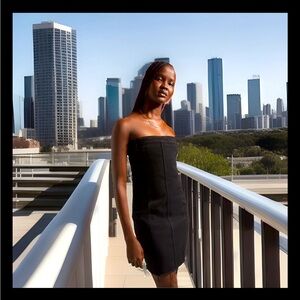 Honor the Gift Denim Strapless Mini Black Dress W/Back Pockets & Zipper Raw Hem